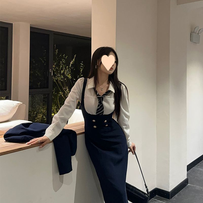 小個子學院風深藍色西裝三件套女秋冬新款氣質設計感修身顯瘦套裝
