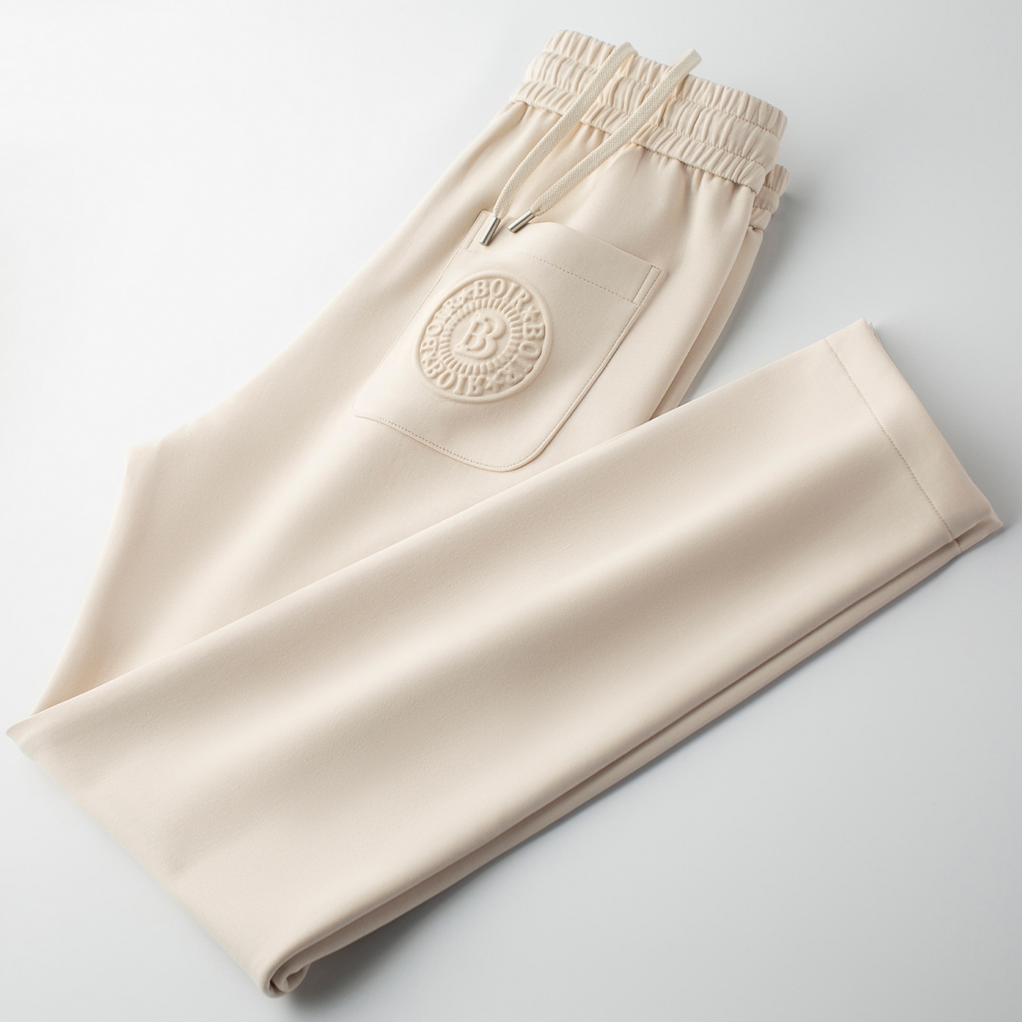 高弹力~秋季薄款新疆棉奢侈欧货杏色休闲裤男修身直筒字母B运动裤