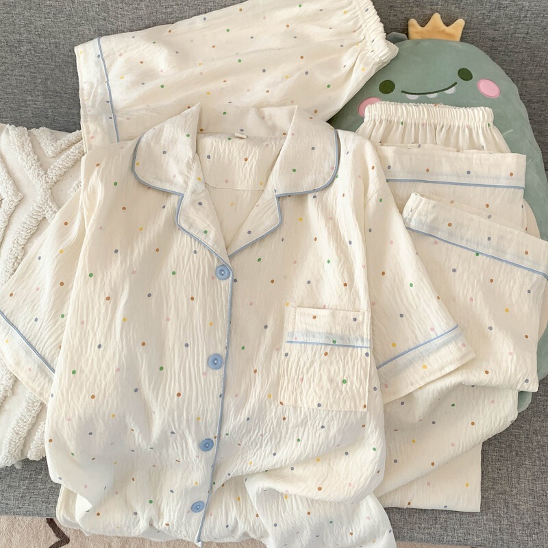 Soft and fluffy women's pajamas for spring and summer, cloud-patterned pure cotton silk cotton gauze short-sleeve cute plus-size loose-fitting home wear three-piece set
