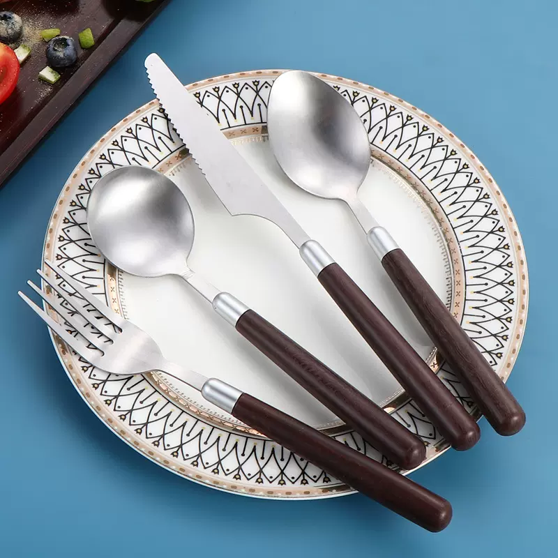 KO6M复古不锈钢牛排刀叉勺三件套家用西餐餐具套装喝汤勺圆头