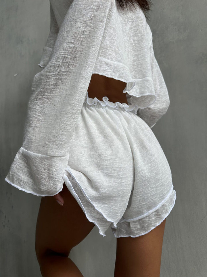 Bộ đồ ngủ nữ áo cardigan thắt dây kèm quần short dệt kim mặc nhà thoải mái — Màu trắng, Màu đen chi tiết 33