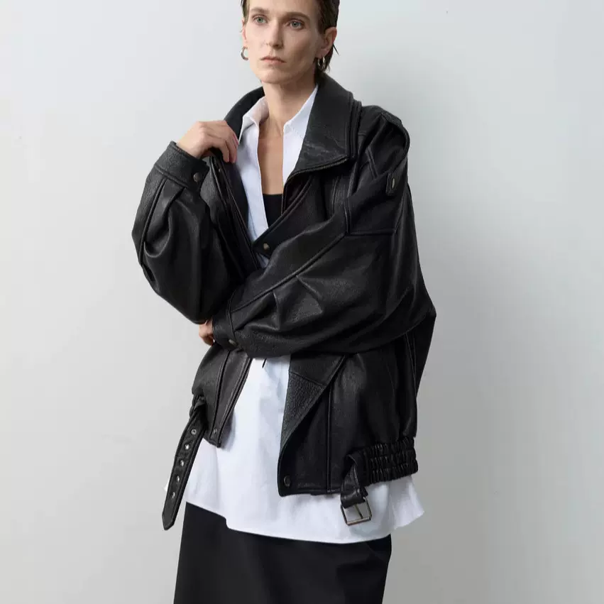 杨树林Y*L秋真皮皮衣外套女宽松重工复古廓形羊羔泡皮飞行员夹克