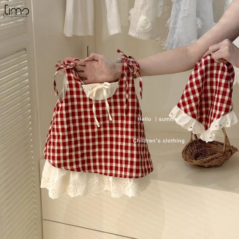 Send hair hoop!! TIMO Girls Red Plaid Mori dress Summer New Children's Girls' Vest Dress