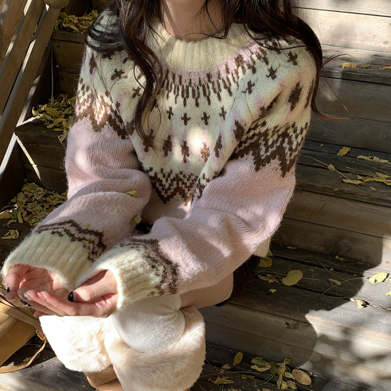 24 invierno Puyuan Isla de Fair suéter jacquard rosa nuevo estilo de reducción de la edad de la universidad camiseta de punto para mujeres
