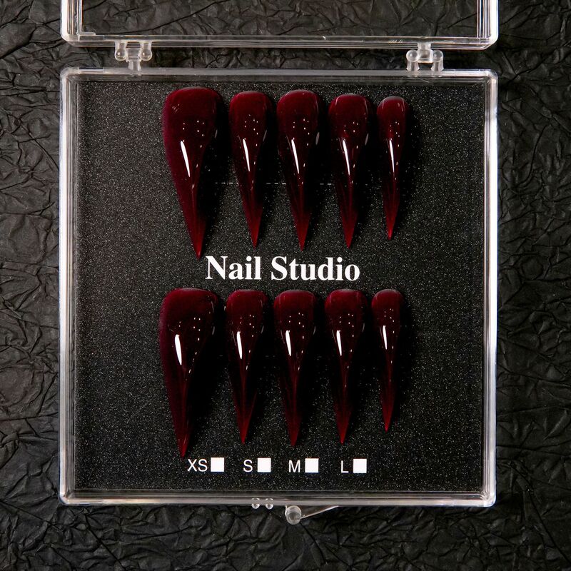 Transparent wine-red and black iridescent, finely shimmering, handmade press-on nails, extended pointed style, whitening, high-end, and long fake nails Transparent wine-red and black iridescent, finely shimmering, handmade press-on nails, extended pointed style, whitening, high-end, and long fake nails