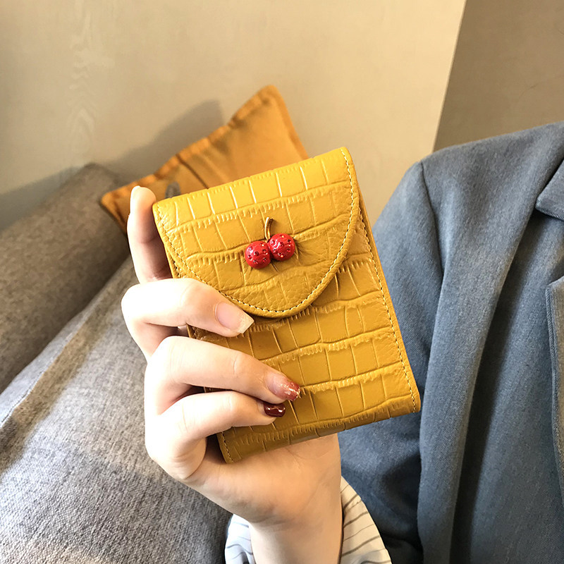 Genuine Leather Card Holder & ID Wallet for Women - New Cherry Design, Compact Vertical Cute Coin Purse & Short Wallet - Thumbnail 4