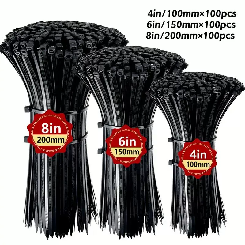 组合装黑色扎带多种尺寸 8+6+4 英寸自锁绑带适合室内和室外使用