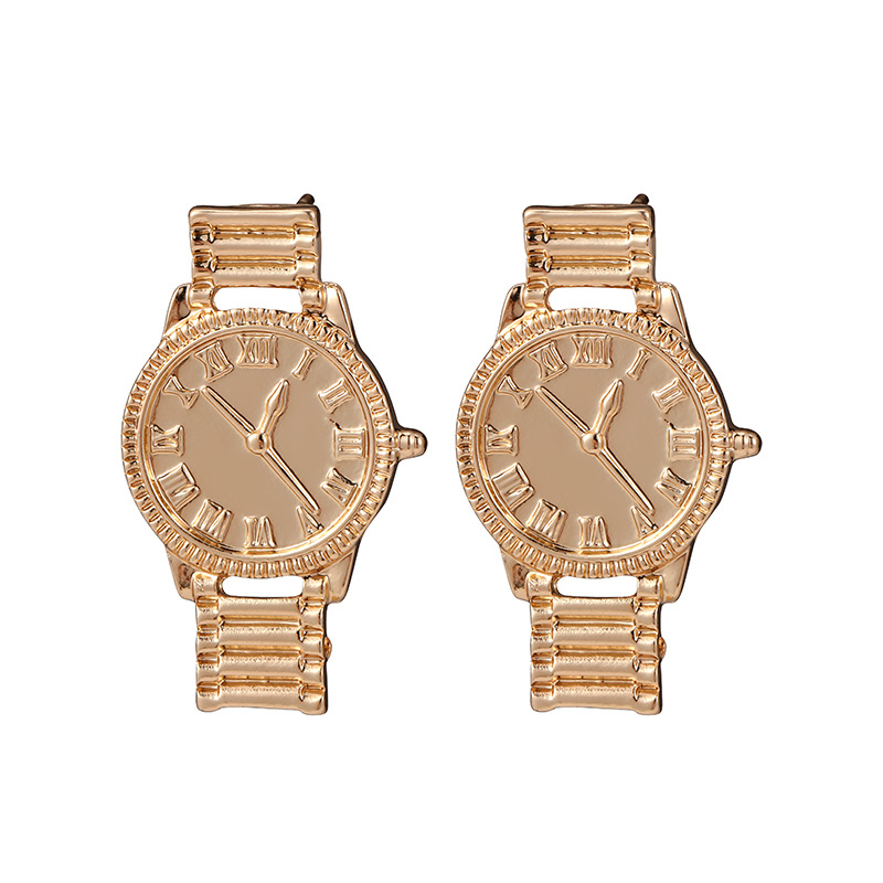 1 par de pendientes de mujer con diseño de reloj de oro grande con textura de metal creativa y de moda, adecuados para disparos callejeros