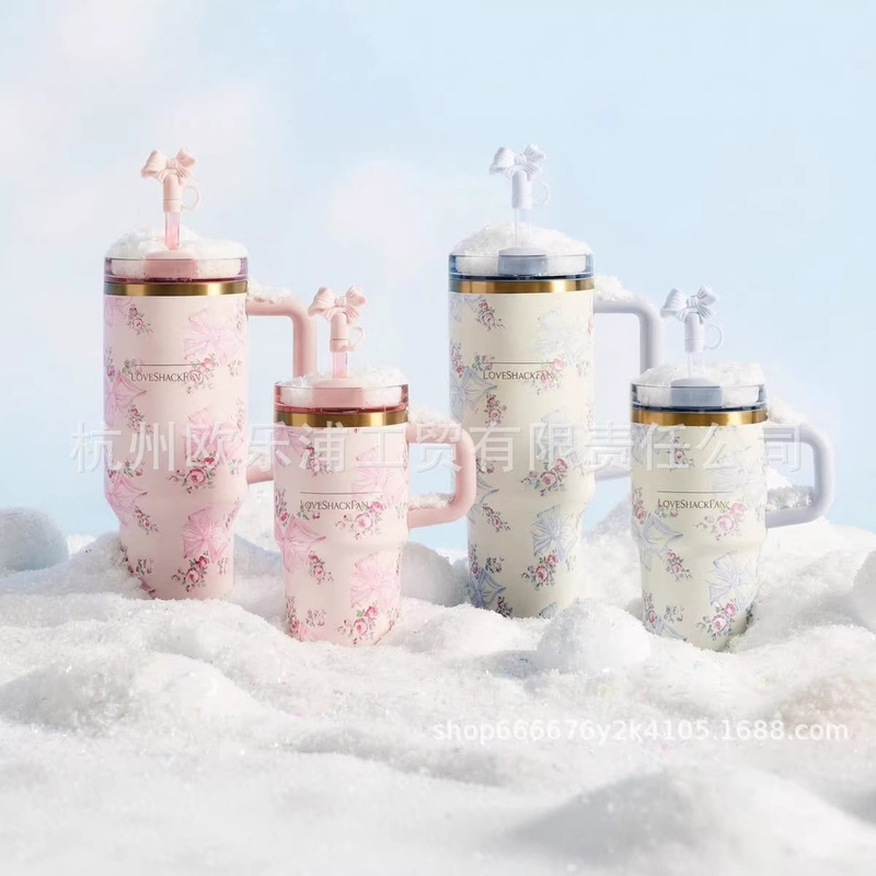 Cross-Border Popular Item: Same Style as the Bow-Tie Design, In-Stock Ice Cup Gift Box, Large Capacity Stainless Steel Straw Thermos Cup Gift