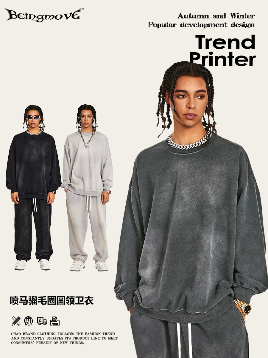 Impresora de marcas| 2025 otoño callejera original marca de agua lavado camiseta hombre oversize camisa de manga caída