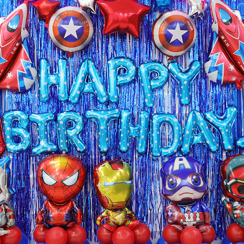 Luxurious Captain America Marvel Birthday Themed Decorative Balloons Boy's First Birthday Balloons Rain Silk Background Wall