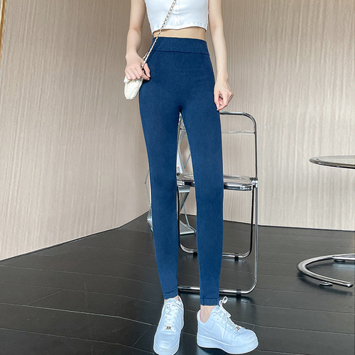 Chic grey faux denim leggings for women, stylish high-waist sandpaper pants, outerwear tight long pants