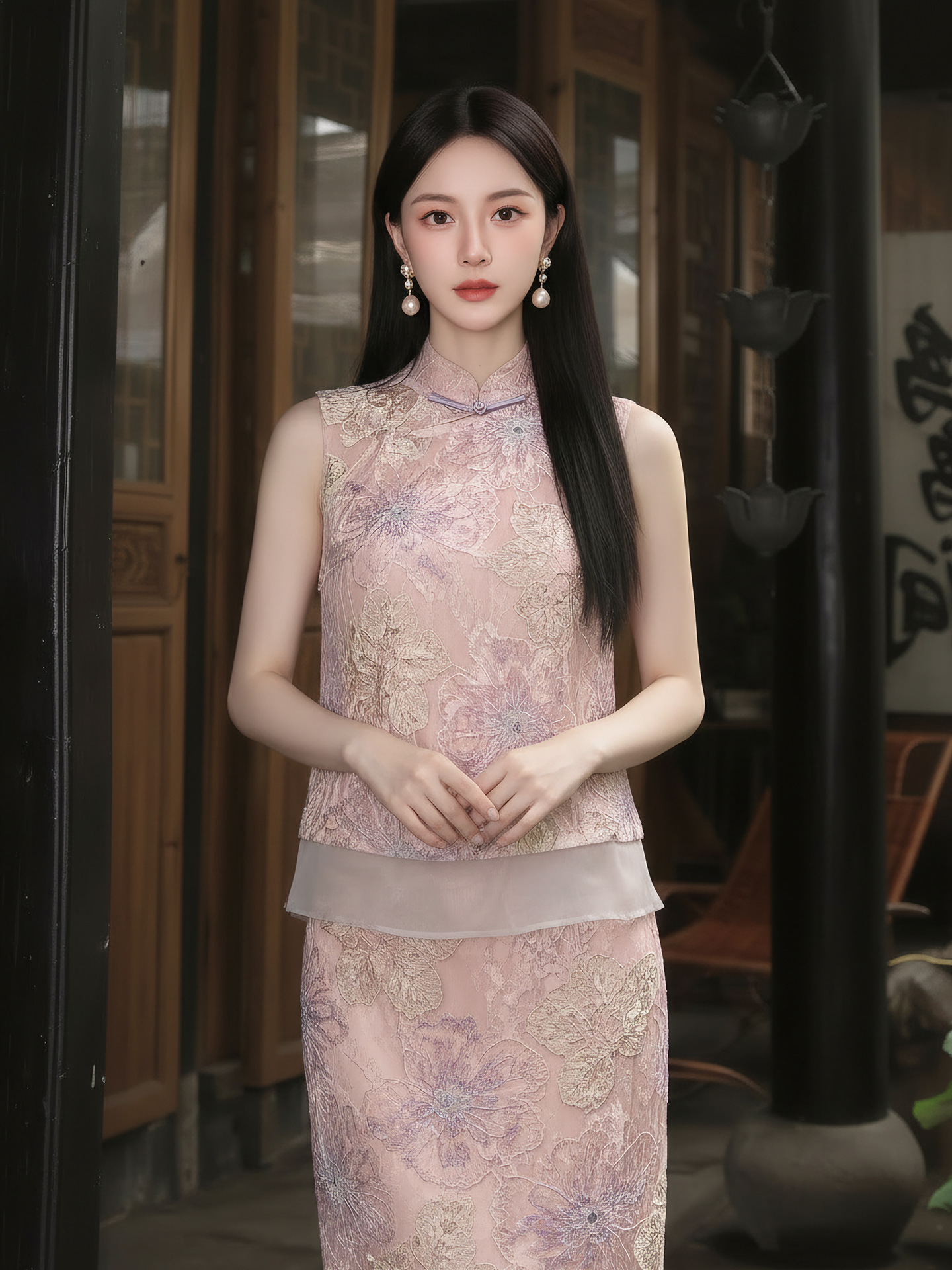 Set áo khoác gile + chân váy maxi Tân Trung Hoa thêu hoa, tay phối ren, eo thắt dây — nửa váy, Trang chủ