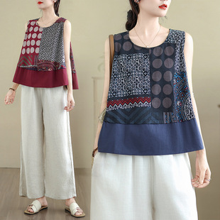 2025 Summer New Cotton and Linen Artistic Loose Casual Polka Dot Loose Age-Reducing a Version Sleeveless Vest Top T-Shirt