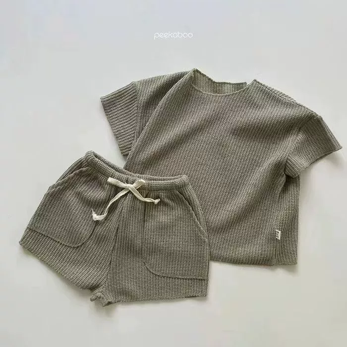 Пижама для отдыха, комплект, вязаный спортивный костюм, корейский стиль, детская одежда, с коротким рукавом, семейный комплект