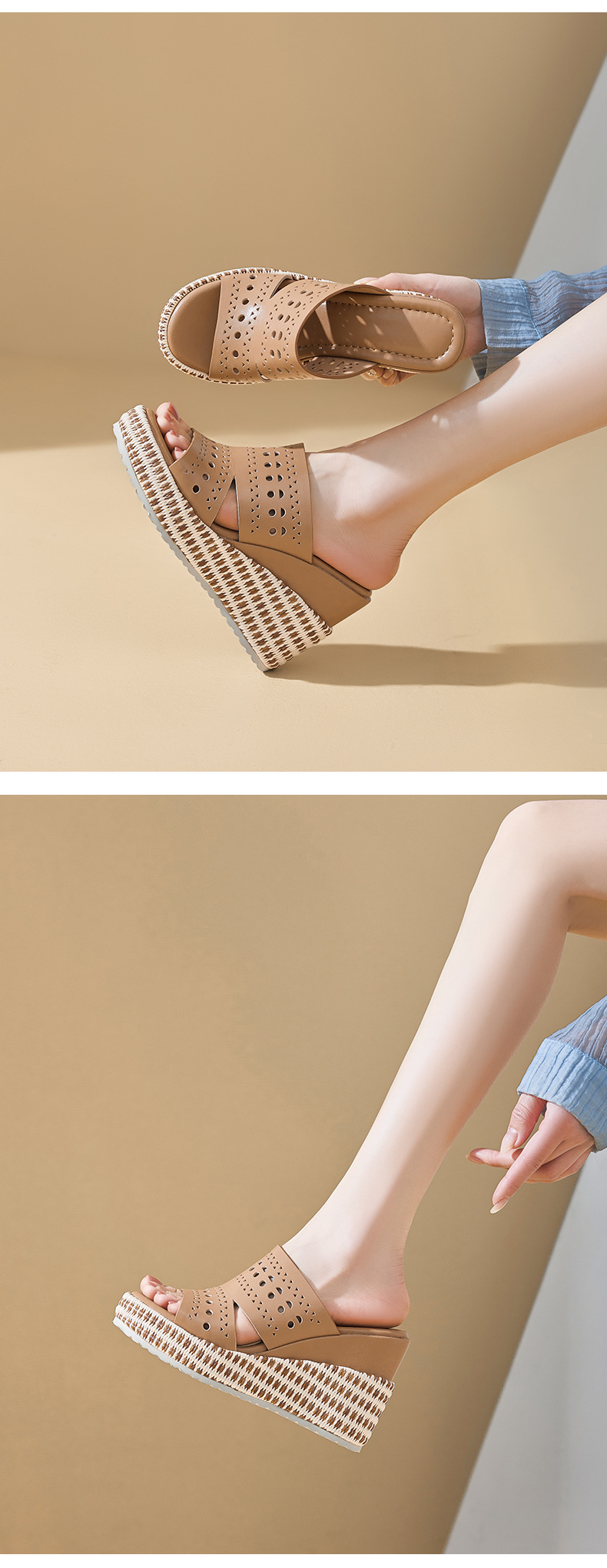 Sandal hở mũi nữ da bò cao cấp đế xuồng tăng chiều cao — màu đen, Trắng kem-, màu mơ chi tiết 9