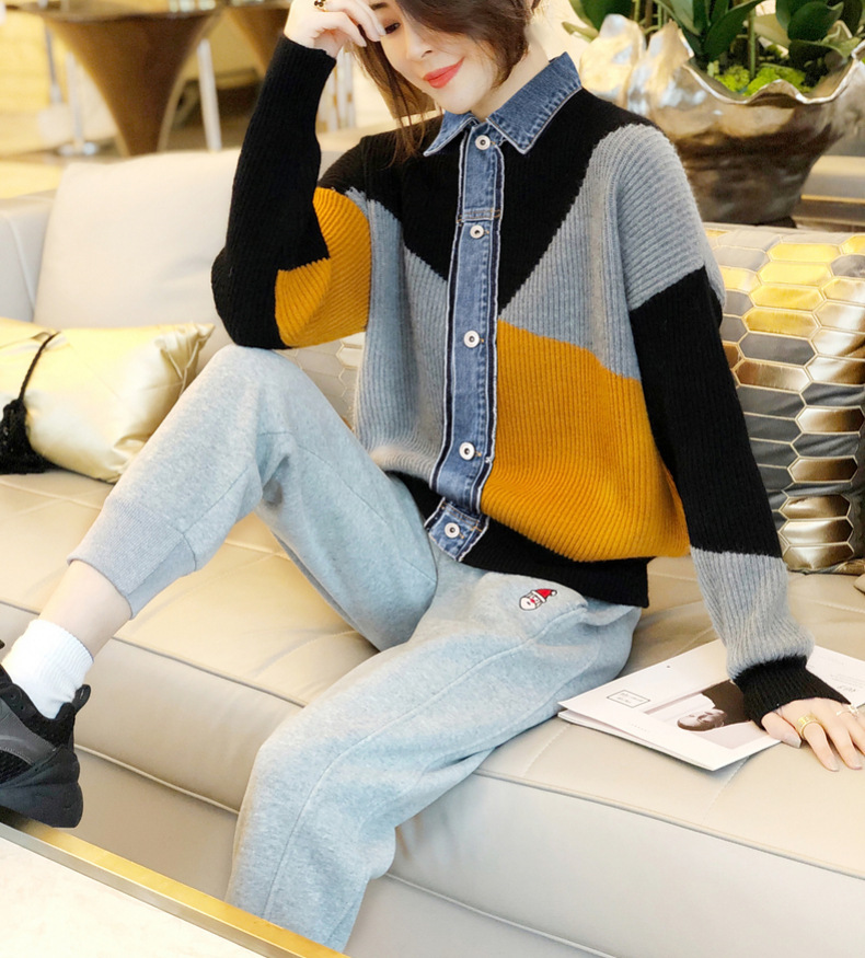 Women's Clothing 2023 autumn new version long sleeved lapel color matching two piece cardigan women's jacket denim_voghion.com
