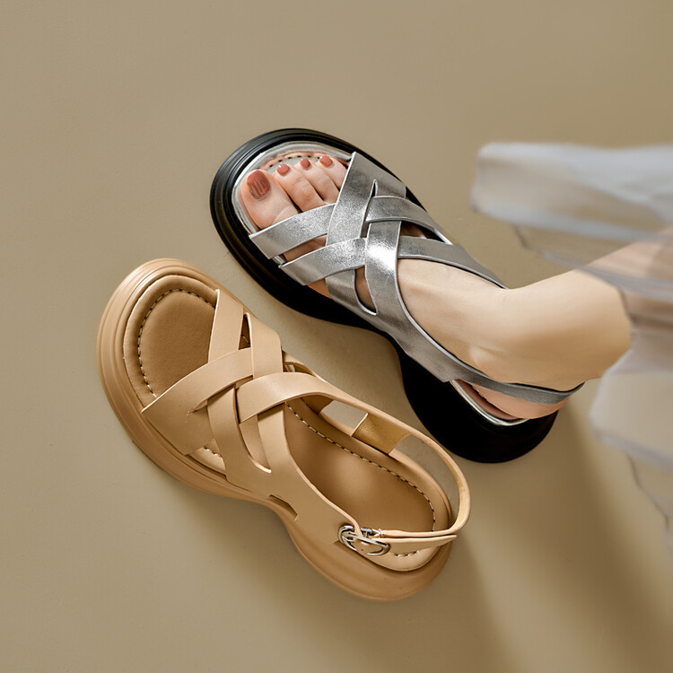 Sandal da cừu đế dày hở ngón tăng chiều cao nữ — Màu bạc, Màu mơ chi tiết 23