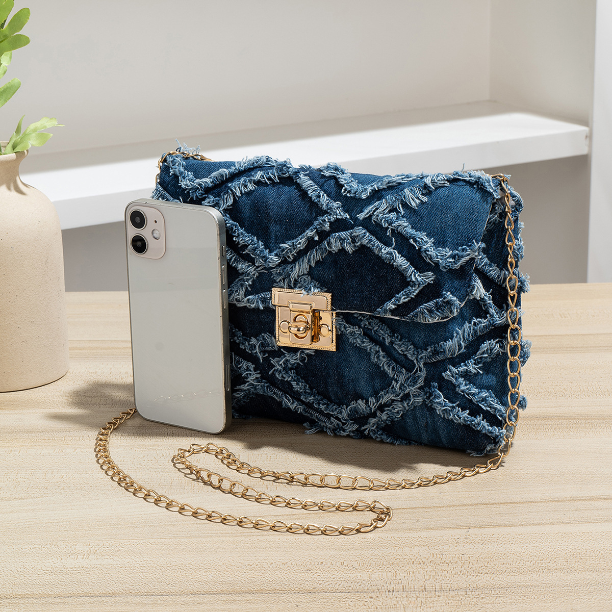 Transfronterizos nuevos bolsos de hombro de damas, bolsos de cadena de denim, bolsos cuadrados, bolsos de diamante, bolsos de moda para mujeres image 3