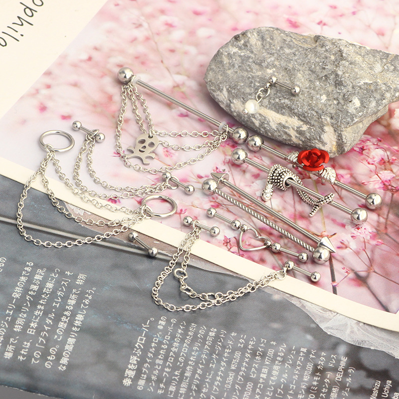 Industrial Ear Bone Nail Set Nine Treasure Flowers Snake Chain Earrings - Rose Gold Stainless Steel Piercing Earrings detail image 7