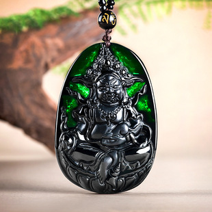 Natural a jadeite ink yellow god of wealth jade pendant ice pendant jade pendant men's and women's necklace jade wholesale