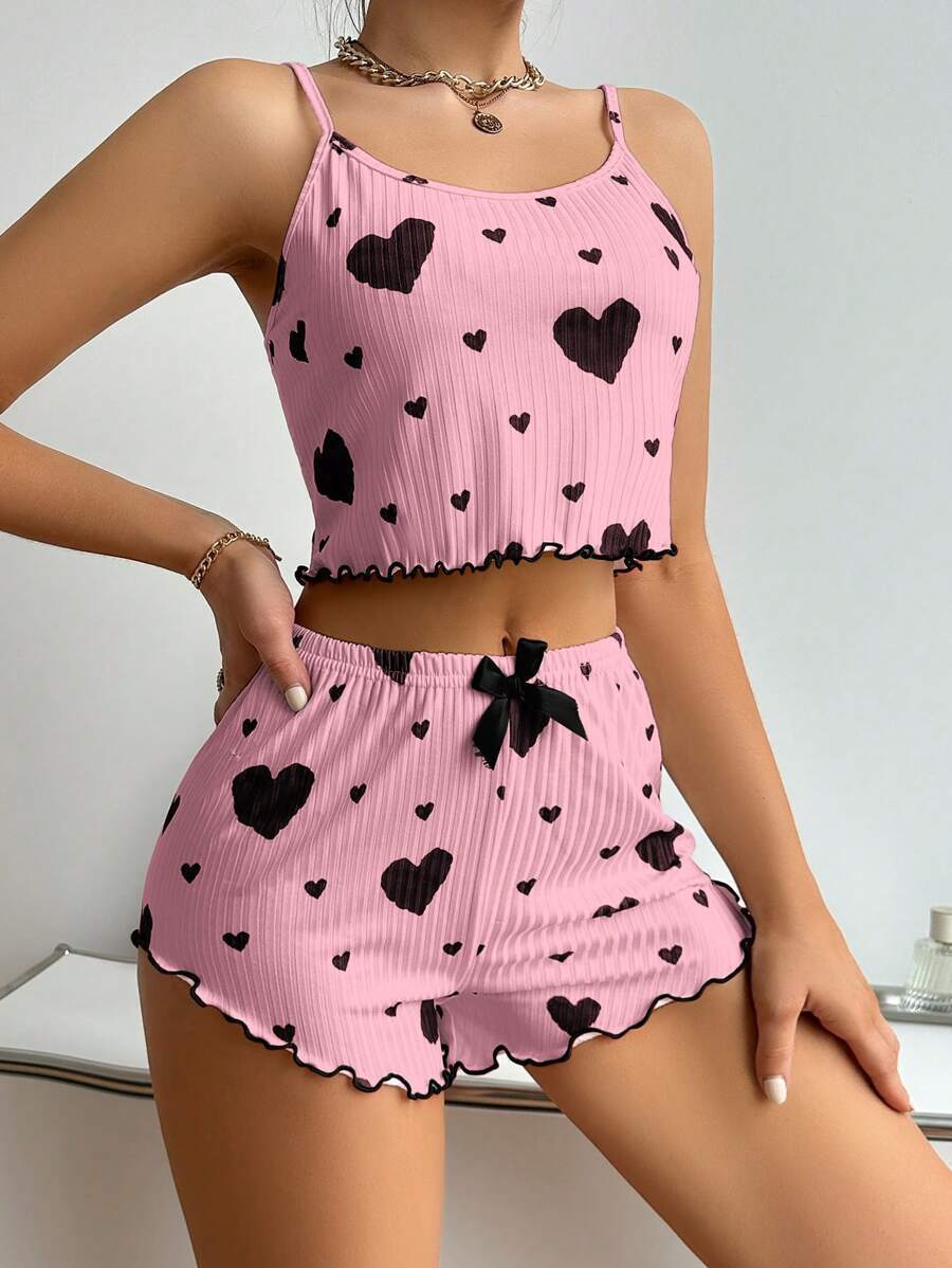 All Seasons Season Home Women's Sweet Heart Shape Polyester Shorts Sets Pajama Sets