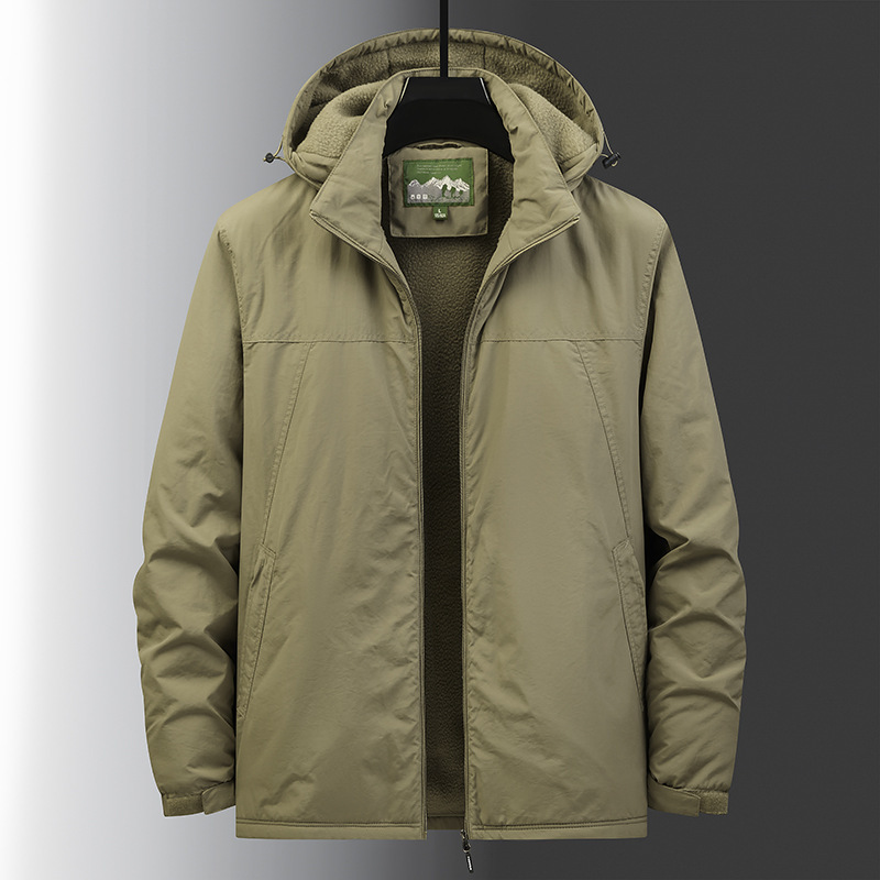 Fleece-Lined Thickened Men's Warm Hooded Trendy Jacket Outdoor Casual Coat