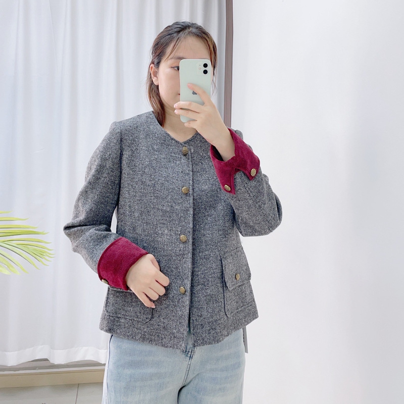 汉派品牌专柜2025早秋新款时尚百搭袖子拼接羊毛小香风短外套女12|undefined
