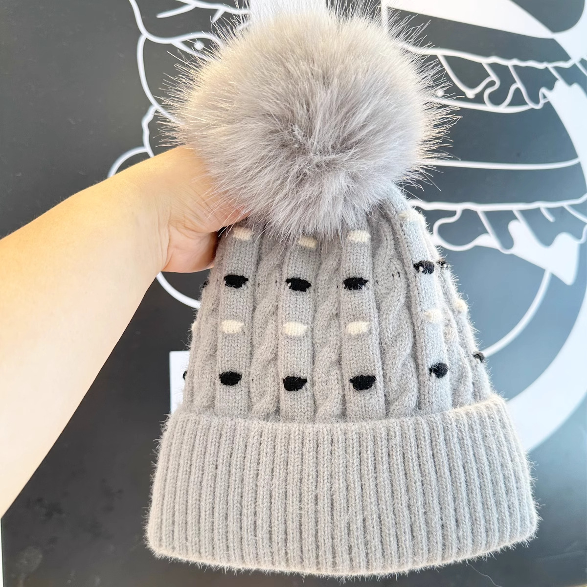 Cappello invernale da uomo e da donna in lana, caldo, spesso, con fodera in pile, alla moda, versatile, all'ingrosso, a pois, in maglia jacquard._voghion.com