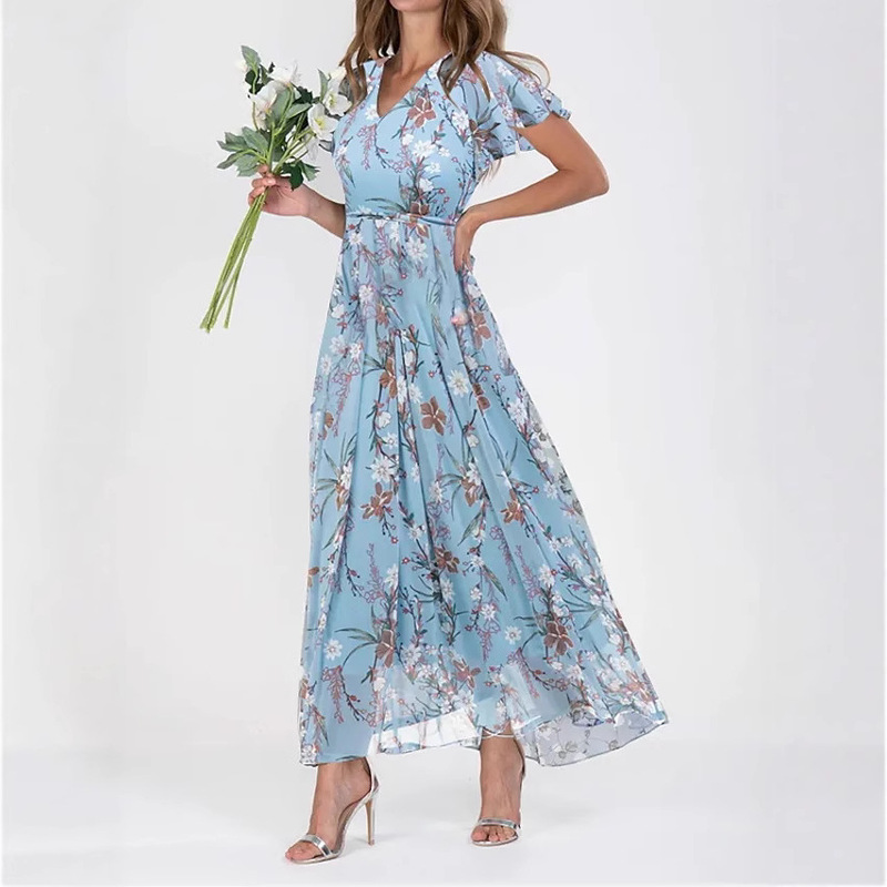 2026 European and American New Style Beach Long Skirt Chiffon Floral Short-Sleeved Ruffled V-Neck Fashionable Waist-Cinching Dress