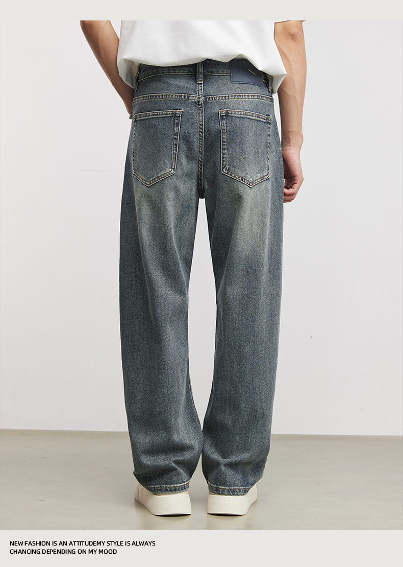 Quần jean nam ống rộng phong cách Mỹ cổ điển, hiệu ứng làm cũ, vải denim mềm mại — Màu xanh da trời chi tiết 9