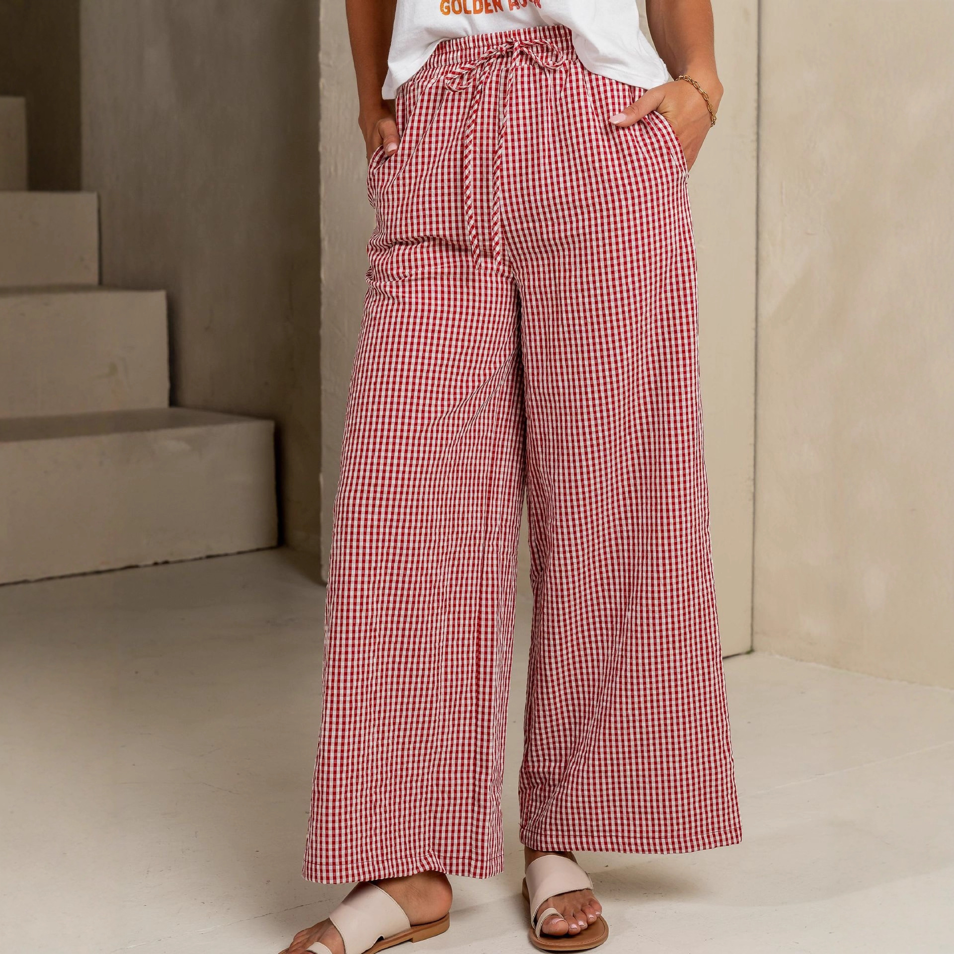 2025 Cross-Border European and American Fashion Casual Straight-Leg Pants Loose Plaid Elastic Waist Pocket Wide-Leg Pants Wide-Leg Pants
