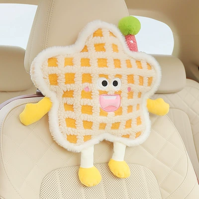 Car Headrest and Lumbar Support Set, Car Neck Pillow and Lumbar Cushion, Cute Cartoon Creative Plush Little Monster Car Lumbar Support (Waist support) - star-yellow-headrest
