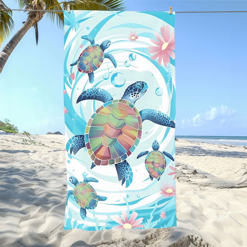 Cross-Border Microfiber Cartoon Turtle and Starfish Beach Towel, Blue Ocean Style, Quick-Drying and Absorbent Bath Towel for the Seaside