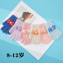 新款女孩针织儿童保暖手套冬季加厚蝴蝶结提花五指骑车写作业全指