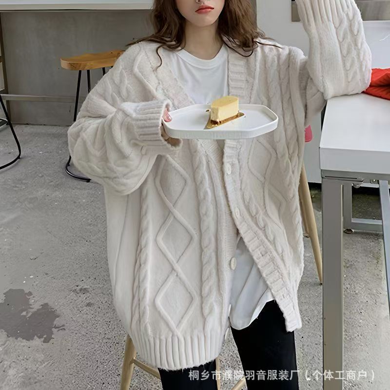 复古针织开衫软糯麻花重磅秋冬经典大码超厚百搭慵懒风毛衣外套女|undefined