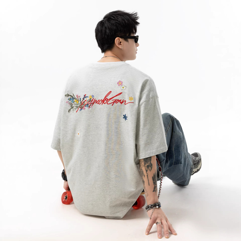 American-Style Gray Printed Short-Sleeve T-Shirt, Unisex, 2026 Summer New Design, Couple's Loose Fit, Five-Quarter Sleeve