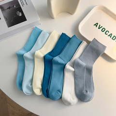 Blue Socks for Women, Spring and Autumn Thin Knit Cotton Double-Needle Blue Color Scheme Simple Monochrome Stacked Socks, Versatile Mid-Calf Socks