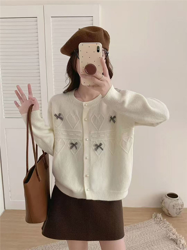 蝴蝶结针织开衫女宽松2025年早秋新款韩版百搭打底上衣毛衣外套潮|undefined