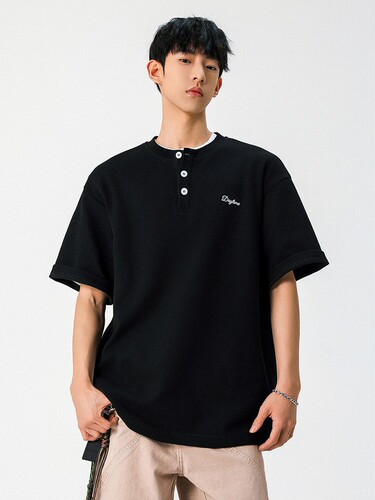 Light Luxury Vintage Money Texture Honeycomb Short-Sleeve T-Shirt for Men - Summer New Henry Collar Polo Shirt 260g Loose Fit T-Shirt