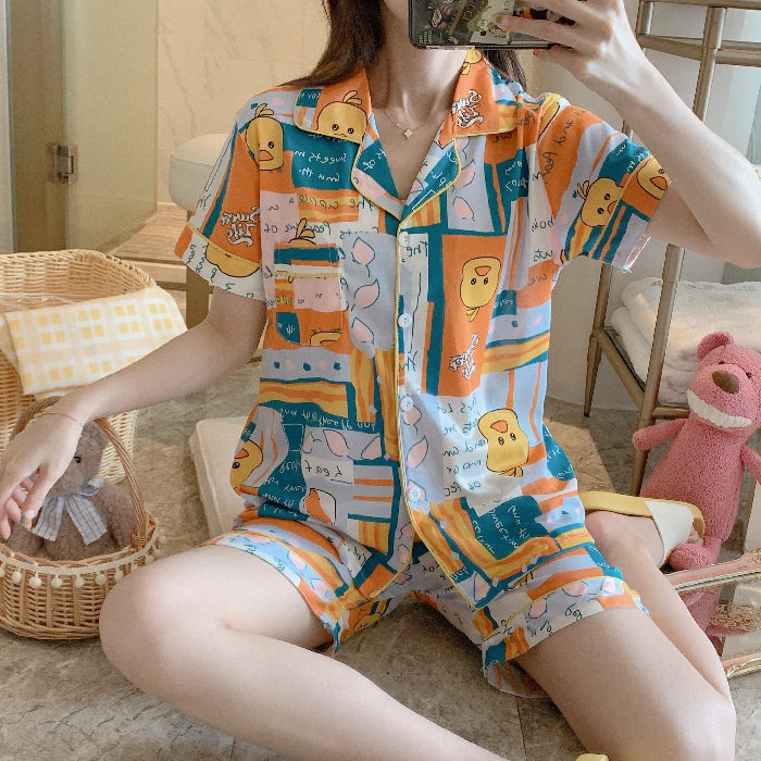 Pijamas de verano de las mujeres de manga corta linda chica Corazón de dibujos animados solapa desgaste del hogar WeChat transmisión en vivo en línea traje de entrega de una pieza