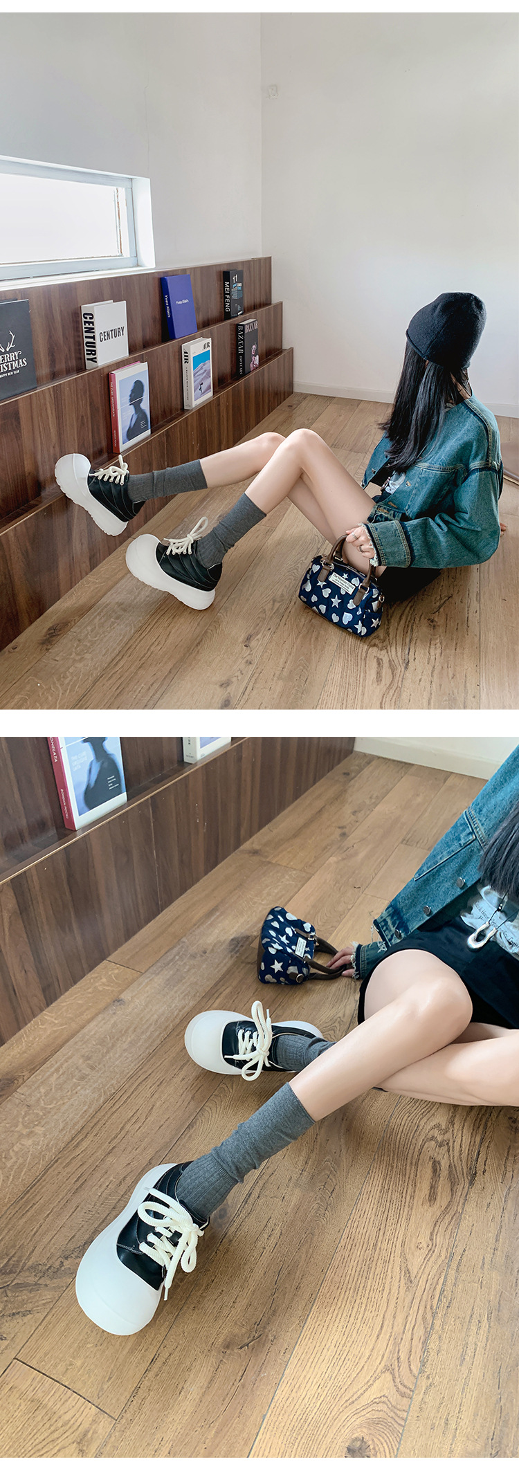 Giày sneaker nữ chunky đế dày da thật phối màu mũi to bản — màu đen, màu trắng chi tiết 14