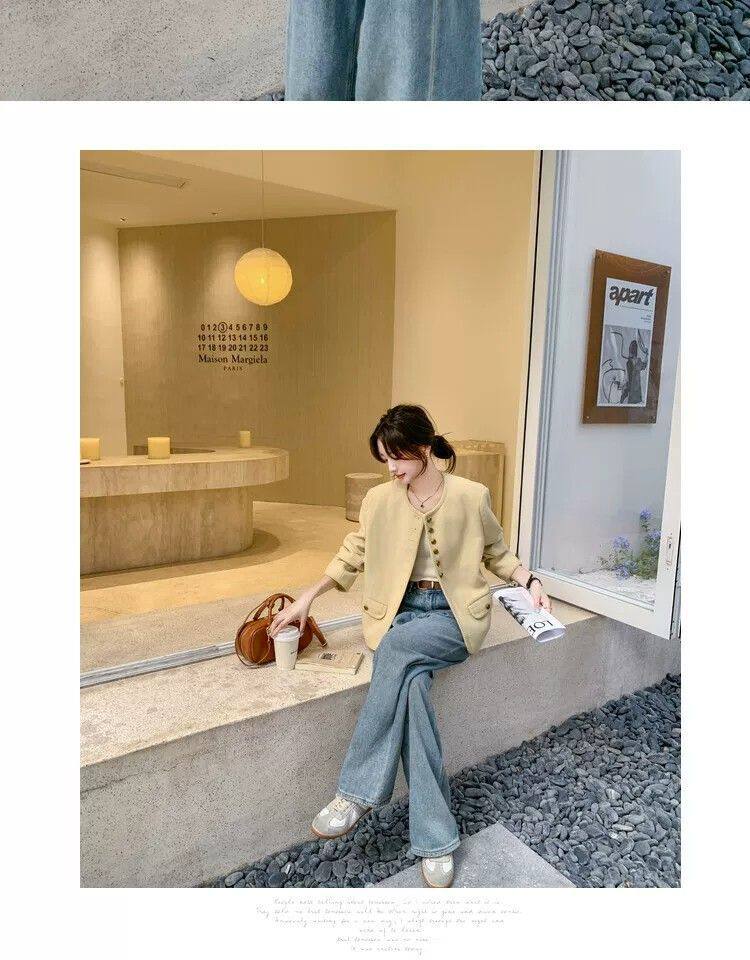Áo khoác nữ dáng ngắn cổ tròn phong cách retro thanh lịch, form rộng, chất liệu tweed — Ren vàng chi tiết 7
