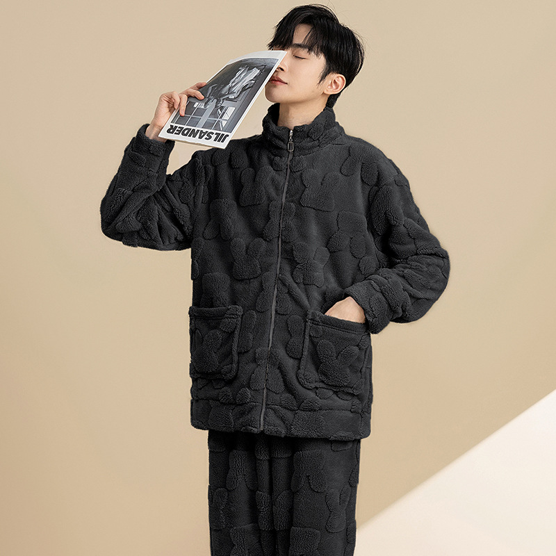 2025 Winter Men's Youth Coral Fleece Stand Collar High-End Warmth-Enhancing Fleece-Lined Pajama Set Suitable for Outerwear