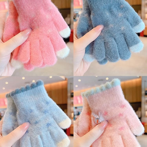 Winter and Autumn Children's Gloves with Fleece and Thick Knitting for Warmth, Winter Finger Gloves, Cute Cartoon Baby Outdoor Play and Hand Protection
