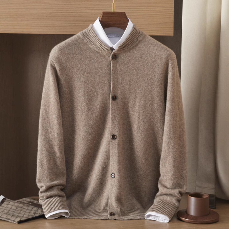 Cashmere Double-Strand Thickened Round Neck Men's Cardigan 2025 New Loose Versatile Knitwear One-Piece Drop Shipping Cross-Border
