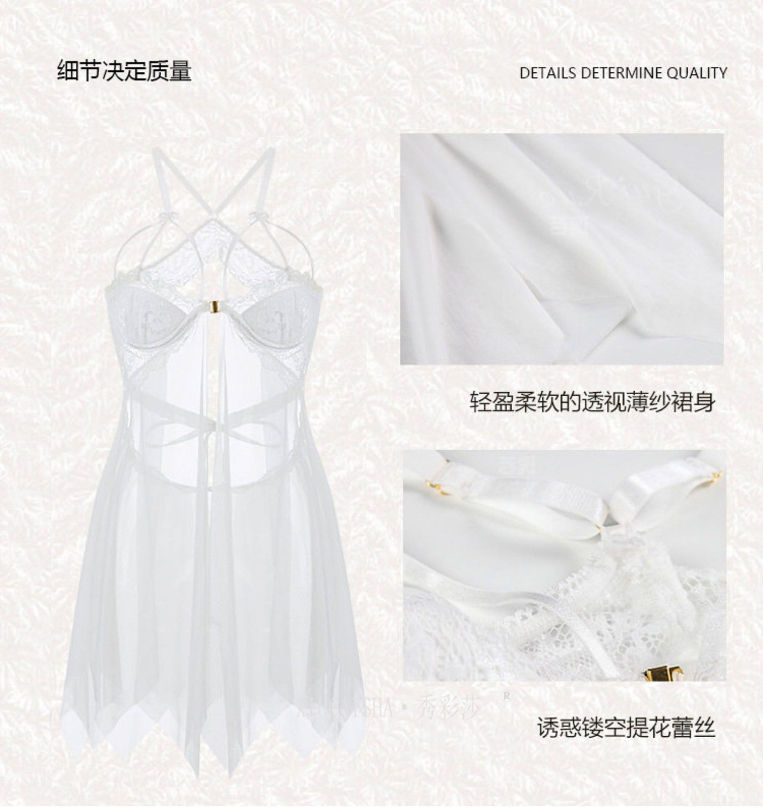 Lace Mesh Suspender Nightgown Set with Open-Crotch Stockings and Thong, Wine Red One Size — detail image 20
