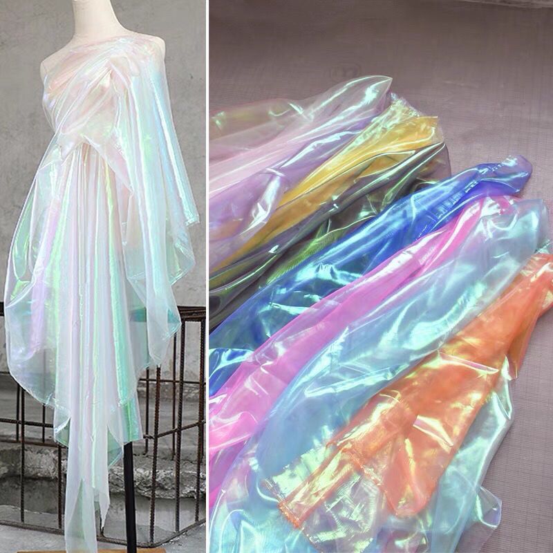 High Quality Iridescent Organza Fabric, Colorful Laser Gradient See-Through Designer Dance Performance Clothing Fabric DIY