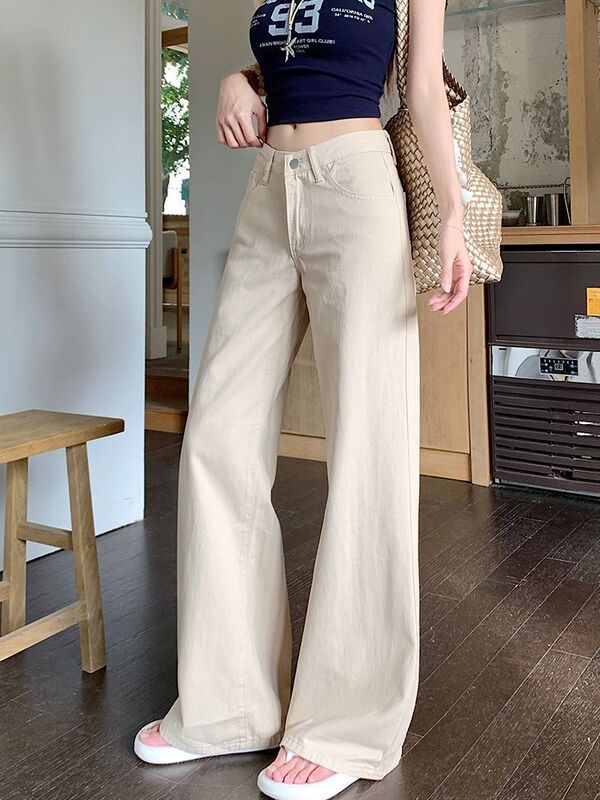 Petite American-Style Khaki Wide-Leg Jeans for Women, Low-Waist, Slimming, Straight, Loose, Versatile, Drapey Pants
