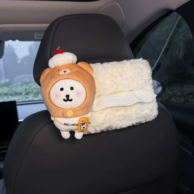 Cute Doll Car Tissue Box, 2025 New Model, Hanging on the Rear Headrest of the Car, High-End Style for Women (Car tissue box/set) - burnt-bear-tissue-box